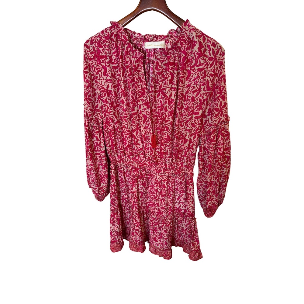 Natalie Martin Pink Floral Silk Smocked Waist Mini Dress Long Sleeve M